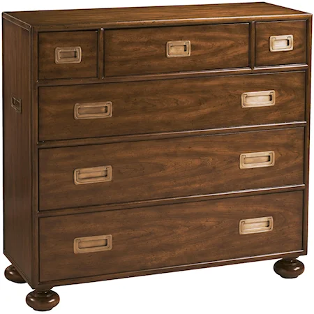 Six-Drawer Calcutta British Campaign-Style Hall Chest with Authentic Recessed Drawer Pulls